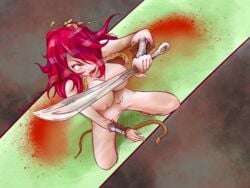 big_breasts breasts crouching female_focus female_only flatpancakes hair_over_one_eye kobayashi_rindou large_breasts leafs looking_at_viewer looking_up nail_polish nipples nude nude_female outside pubic_hair red_hair reptile shokugeki_no_souma tongue tongue_out weapon yellow_eyes