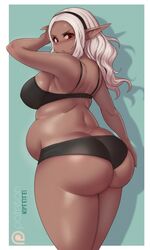 1girls bbw big_ass big_butt blush bra breasts butt butt_cleavage butt_crack chubby chubby_female curvy dark-skinned_female dark_elf dark_skin elf elf-san_wa_yaserarenai fat fat_female fat_girl female female_only huge_butt humanoid kipteitei kuroeda large_butt long_hair looking_at_viewer looking_back overweight overweight_female panties plump plump_butt pointy_ears synecdoche thick_thighs white_hair wide_hips