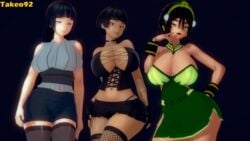 3d 3d_(artwork) 3girls alternate_breast_size armband avatar_the_last_airbender bare_shoulders big_breasts bob_cut cleavage clothing corset crossover curvy dark_hair female female_only fingerless_gloves fishnets fully_clothed hand_on_hip huge_breasts hyuuga_hinata illusion_soft koikatsu large_ass large_breasts long_hair looking_at_viewer naruto nickelodeon panties patreon pinup rachel_(takeo92) raised_eyebrow revealing_clothes short_hair shorts simple_background skirt smile smug stockings takeo92 text thick_thighs tight_clothing toph_bei_fong wide_hips