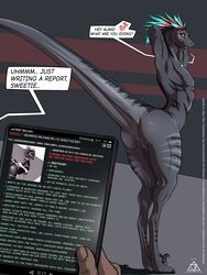 3:4 absurd_res animal_genitalia anthro bunny_(delta.dynamics) claws delta.dynamics dinosaur dromaeosaurid english_text feathers female feral flat_chested genitals greentext hi_res hybrid original original_character profanity pussy reptile scalie solo text theropod