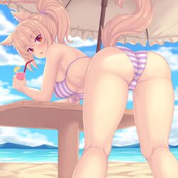 1girls animal_ears animal_tail ass beach bent_over bikini blonde_hair blush breasts cameltoe drink female female_only fox_ears fox_girl fox_tail from_behind humanoid kemonomimi large_breasts looking_at_viewer looking_back pale_skin ponytail red_eyes solo striped_bikini striped_panties swimsuit tail tiffy tiffynyaa trefoil water