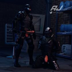 2boys 3d 8-ball_(fortnite) aj_racer95 armor cyborg fortnite g.i._joe gay hands_behind_back hands_tied helmet male male_only mask masked masked_male snake_eyes snake_eyes_(g.i._joe) soldier suit tactical tactical_gear tagme