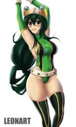 big_breasts green_hair hero_outfit_(mha) leonart leotard long_hair my_hero_academia tsuyu_asui