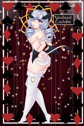 ass ass_focus breasts butt_shot demon demon_girl demon_horns demon_tail demon_wings female horns light-skinned_female light_skin pinup poker red_eyes rings side_boob sideboob silver_hair succubus sweater thigh_highs thighhighs thighs virgin_killer_sweater