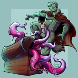 1:1 2021 absurd_res anthro blush candy.yeen cape clothing genitals hi_res male mimic_chest nipples nude open_mouth penis purple_tentacles solo species_request tentacle tentacle_on_penis treasure_chest