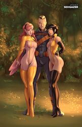 1boy 2girls armor_(x-men) barely_clothed black_hair breasts cable_(x-men) hisako_ichiki interracial long_hair marvel marvel_comics megan_gwynn mohawk_(hairstyle) nathan_summers pink_hair pixie_(x-men) sexgazer short_hair thighhighs tracyscops wings x-men