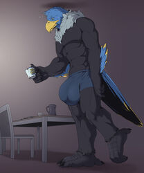 abs accipitrid accipitriform anthro avian beak beverage biceps big_bulge bird bottomwear bulge claws clothed clothing coffee corrsk cup digital_media_(artwork) eagle feathers genital_outline hi_res holding_object male male_focus muscular muscular_anthro muscular_male paws pecs penis_outline simple_background solo standing topless underwear