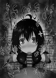 1boy 1girls ahoge bare_shoulders big_breasts big_penis black_and_white blush bodysuit censored dark-skinned_male dark_skin detailed_background drooling eyelashes fellatio hair_ornament headband heart human indoor inside interracial itai_no_wa_iya_nano_de_bougyoryoku_ni_kyokufuri_shitai_to_omoimasu kurotama looking_at_viewer male male_pov maple_(bofuri) oral oral_sex room saliva shiny shiny_skin short_hair sketch sound_effects squatting sweat text vein veins veiny veiny_penis