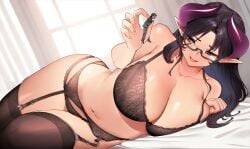 black_hair female giantess glasses kkasi00 lingerie macro size_difference smaller_male stockings