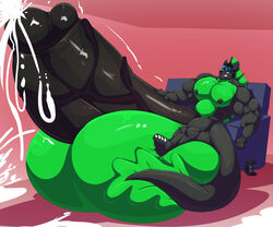 4_toes anthro balls big_balls big_pecs big_penis black_nipples black_penis bobert bodily_fluids canid canine countershading cum dragon ejaculation erection excessive_cum eyewear feet furniture genital_fluids genitals glasses green_balls green_countershading huge_balls huge_cock huge_muscle hybrid hyper hyper_balls hyper_genitalia hyper_penis joypad male mammal nicolai_(dracoskunk) nipples nude pecs penis plantigrade sitting sofa solo toes vein veiny_penis