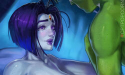 1boy 1boy1girl 1girls bbrae beast_boy big_breasts breasts couple cptpopcorn dc dc_comics female freckles grey_skin intimate naked nude pussy raven_(dc) romantic romantic_couple sex superheroine teen_titans violet_hair