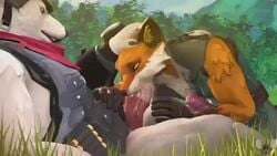 2boys 3d animated ball_grab blowjob bulge clothed clothed_male clothed_sex clothing connivingrat cum deepthroat erection fennix_(fortnite) fortnite fortnite:_battle_royale fox fur furry gay gif grabbing_balls grass hand_on_another's_head hand_on_head hi_res high_resolution highres humanoid_penis jacket male male/male male_on_male male_only no_humans no_pants orange_fur polar_bear polar_patroller_(fortnite) red_scarf size_difference sound tagme video white_fur yaoi