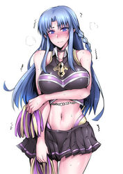 1girls blue_eyes blue_hair blush breasts caster_(fate/stay_night) cheerleader choker elf_ears fate/stay_night fate_(series) gggg large_breasts looking_at_viewer medea_(fate) midriff miniskirt pointy_ears skirt solo sweaty_thighs thighs