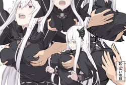 1girls black_dress breast_grab breast_press echidna_(re:zero) grabbing_from_behind groping groping_breasts hair_ornament higher_resolution_available large_breasts light-skinned_female light_skin long_hair long_sleeves re:zero_kara_hajimeru_isekai_seikatsu shiseki_hirame sweatdrop white_hair