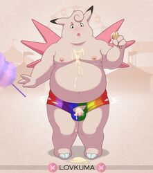 amusement_ride anthro anthrofied candy carousel clefable clothing cotton_candy dessert ferris_wheel flaccid food food_on_body foreskin genitals hi_res ice_cream ice_cream_cone insect_wings long_foreskin lovkuma male male_only moobs multicolored_clothing nintendo overweight overweight_anthro overweight_male penis pokémon_(species) pokémorph pokemon rainbow_clothing solo tent uncut underwear video_games wings