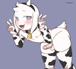 1boy 5_fingers asriel_dreemurr bell bell_collar blue_eyes blush blushing colored cow_horns cow_pattern cow_print cowbell cowprint cowprint_leggings cowprint_legwear cowprint_thighhighs crybleat erect erect_nipple erect_nipples erect_penis erection femboy fur furry goat goat_tail hi_res high_resolution highres humanoid_penis leaning leaning_forward looking_at_viewer no_humans no_pants no_shirt open_mouth peace_sign penis penis_out pink_nipples simple_background tagme testicles text thick_thighs thigh_highs thighhighs tiara tongue undertale undertale_(series) yaoi