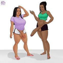 2futas big_penis black_hair clothed clothed_female clothing dark-skinned_futanari duo foreskin futa futa_cock futa_focus futa_only futanari hand_on_hip hourglass_figure looking_at_viewer penis_size_difference short_shorts smartphone solo solo_futa sports_bra tan-skinned_futanari thick_thighs toned_futa uncensored uncut valmut