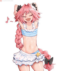 1boy 2021 armpits arms_behind_head astolfo_(fate) bikini braid crossdressing fate/grand_order fate_(series) femboy long_hair male male_only midriff ms_pigtails narrowed_eyes navel patreon_username pink_hair red_eyes skin_fang swimsuit thin_waist white_background