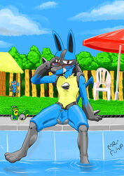 absurd_res alcohol animal_genitalia anthro balls beer beverage blue_body blue_fur duo eyewear fur genitals glasses grass grey_body grey_fur hi_res lucario male mammal mr_fuwa nintendo paws plant pokemon pokemon_(species) riolu sheath smile smiling_at_viewer solo spikes summer tagme tree umbrella video_games water yellow_body yellow_fur