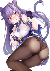 absurdres ass bangs bare_shoulders blush breasts brown_legwear cat_tail double_bun dress female genshin_impact gloves hair_ornament highres keqing_(genshin_impact) kuro_(blackpgmickey) large_breasts long_hair looking_at_viewer open_mouth panties panties_under_pantyhose pantyhose purple_dress purple_eyes purple_gloves purple_hair swept_bangs tail thighs twintails underwear