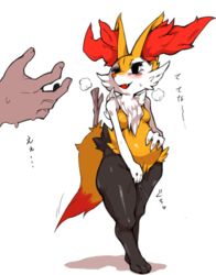 2020 ambiguous_gender anthro biped blush bodily_fluids braixen breasts claws digitigrade dipstick_tail disembodied_hand duo featureless_breasts female female_focus furry genital_fluids highres human human_on_anthro interspecies japanese_text mammal multicolored_tail nintendo no_nipples nude omikuro pokémon_(species) pokemon pokemon_(species) pokephilia pregnant pussy_juice smile solo_focus steam sweat text translated wide_hips