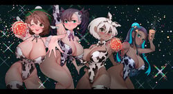 4girls alternate_breast_size bea_(pokemon) big_breasts celebration cow_bikini cow_print curvy_figure female gloria_(pokemon) huge_breasts large_breasts long_hair looking_at_viewer marnie_(pokemon) multiple_girls nessa_(pokemon) nintendo pokemon pokemon_ss short_hair sumisumii thick_thighs thighs two_tone_hair wide_hips