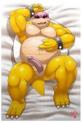 anthro bara bed belly biceps blush cloacal_penis erection eyewear fangs furniture hi_res koopa koopaling lying lying_on_back lying_on_bed male male_only mario_(series) musclegut nintendo on_back pecs roy_koopa scalie shadowninja976 solo solo_male sunglasses video_games