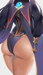 absurdres ass black_legwear blue_leotard cape charu charu_(artist) female from_behind fur_trim genshin_impact hair_ornament highres huge_ass leotard long_hair mona_(genshin_impact) purple_hair shiny shiny_skin simple_background solo star_(symbol) star_hair_ornament thick_thighs thighs twintails very_long_hair vision_(genshin_impact) white_background