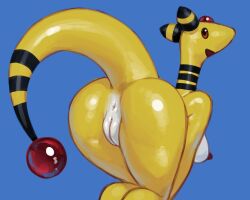 5:4 ampharos anthro anus ass biped blue_background breasts brown_eyes female generation_2_pokemon genitals hadmyway nintendo nipples pokemon pokemon_(species) pussy simple_background solo white_body yellow_body