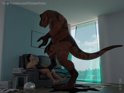 3d_(artwork) 4:3 anthro anthro_dominating_human balls digital_media_(artwork) dinosaur dragonfood duo erection foot_fetish foot_play foreskin genitals human male male/male mammal paw_crush paws penis reptile scalie size_difference theropod tyrannosaurid tyrannosaurus tyrannosaurus_rex uncut