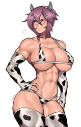 1girls abs absurdres anger_vein animal_print arm_at_side bikini blue_eyes blush breasts cleavage collar cow_bikini cow_horns cow_print detached_sleeves embarrassed fake_horns female hair_between_eyes hair_ornament hairband hand_on_hip highres horns large_breasts looking_at_viewer maya_(roadi3) muscular_female navel original purple_hair roadi3 scar short_hair simple_background solo sweatdrop swimsuit thighhighs