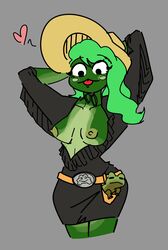 1girls amphibian anthro areolae belt belt_buckle blush breasts clothed clothing empskit erect_nipples exposed_breasts female female_only frog guntherie_(theopt1onal) hair hat headgear headwear heart hi_res medium_breasts nipples skirt solo