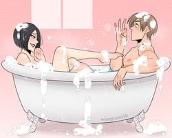 1boy 1girls ada_wong ada_wong_(adriana) bath bathing bathroom bathtub black_hair blowing_bubble blue_eyes blush brown_eyes brown_hair capcom couple dangerousbride flirting foam highres in_water leon_scott_kennedy medium_hair playful red_lips resident_evil resident_evil_2 resident_evil_2_remake soap_bubbles