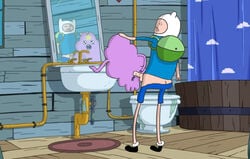 1boy 1boy1girl 1girls adventure_time anal anal_sex backpack bag bath bathroom bear_hood blonde_hair blue_shorts cartoon_network clothed_male_nude_female female finn_the_human hetero human indoors interspecies levitation lumpy_space_princess male no_legs pale_skin penis running_bond shorts_pull shower_curtain t-shirt uncensored wooden_floor wooden_wall