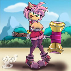 1girls amy_rose amy_rose_(boom) anthro bawa_(artist) breasts clothing dress eyelashes female gloves green_eyes half-closed_eyes hammer headband hedgehog legs_together nipples open_mouth pink_body pink_hair red_dress short_hair sonic_(series) sonic_boom tan_body