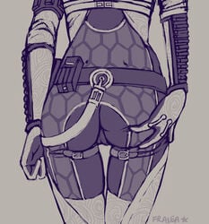 ass ass_focus ass_grab bodysuit cameltoe fralea mass_effect monochrome pussy quarian skintight_bodysuit tali'zorah_nar_rayya thigh_gap