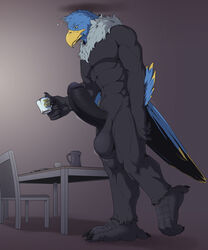 abs accipitrid accipitriform anthro avian balls beak beverage biceps big_balls big_penis bird claws coffee corrsk cup digital_media_(artwork) eagle erection feathers genitals hi_res holding_object huge_cock humanoid_genitalia humanoid_penis male muscular muscular_anthro muscular_male nude pecs penis simple_background solo