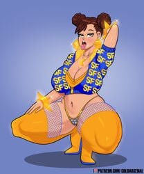 1girls big_breasts big_thighs blue_clothing breasts chun-li chun-li_(cover_girl) coldarsenal female gold gold_jewelry presenting solo street_fighter thighs tongue tongue_out