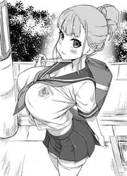 1girls asanagi ass bag bangs between_breasts big_breasts black_and_white blush bookbag busty cleavage clothed cute cute_face deep_cleavage erect_nipples erect_nipples_under_clothes hair_up hairbun holding_object huge_breasts large_breasts looking_at_viewer manga midriff midriff_baring_shirt midriff_peek miniskirt miyake_hinata nipples_visible_through_clothing outdoors outside over_shoulder pleated_skirt pov school_bag school_uniform schoolgirl short_skirt small_clothes smiling smirk socks solo solo_female sora_yori_mo_tooi_basho stomach teenager thick thick_nipples thigh_high_socks thighhighs thighs tight_clothing updo