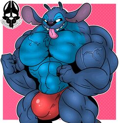 1boy 2021 abs alien antennae_(anatomy) anthro anthrofied biceps big_muscles biped black_claws black_eyes black_nose blue_body blue_fur border bulge chest_tuft claws clothing crotch_tuft digital_drawing_(artwork) digital_media_(artwork) dipstick_antennae disney dogmanart dotted_background experiment_(lilo_and_stitch) fur genital_outline head_tuft hi_res huge_muscles hyper hyper_muscles lilo_and_stitch male male_only multicolored_antennae muscular muscular_anthro muscular_male notched_ear outline outside_border pattern_background pecs penis_outline pink_background simple_background solo speedo stitch swimwear thick_thighs tongue tongue_out tuft veiny_muscles white_border