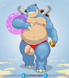 2020 anthro anthro_only anthrofied balls barazoku blastoise blue_body brown_eyes cannon clothing dick_slip floatie foreskin full-length_portrait genitals hi_res holding_object humanoid_genitalia humanoid_penis inner_tube long_foreskin looking_at_viewer lovkuma male male_only navel nintendo nipples penis pokémon_(species) pokémorph pokemon portrait ranged_weapon reptile sand scalie shell solo speedo sunscreen swimwear tortoise turtle uncut video_games walking watermark weapon