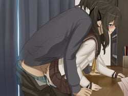 1boy 1girls :o aqua_eyes arm_support bent_over bent_over_table black_hair black_legwear blush brother_and_sister clothed_sex cum cum_in_pussy cum_inside curtains detailed_background doggy_style female hair_ribbon human incest kyoudai_no_jouji_jijou_2 long_hair open_mouth orgasm original osaru_(yuuen-dou) panties pants pants_pull panty_pull pantyhose pantyhose_pull penis ribbon school_uniform serafuku sex sex_from_behind shino_(osaru) siblings skirt skirt_lift straight uncensored underwear vaginal_penetration