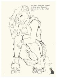 1girls absurd_res anthro anus ass bottomless bracelet butt_grab clothed clothing crouching female genitals hand_on_butt hi_res hibiscus_blossom hibiyeen hoodie hyaenid jester_laughie jewelry mammal monochrome pubes pussy rollerskates solo tagme topwear