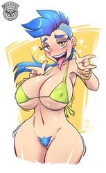 1girls 2019 ahe_gao artist_logo artist_signature beauty_mark bikini_top blue_bird_(kreatureink) blue_hair blush bottomless bracelet carpet_matching_drapes cowboy_shot ear_piercing kreatureink mohawk mole mole_above_mouth nipple_bulge original pinup proxt2k pubic_hair pussy thighs tongue tongue_out tongue_piercing triangle_bikini vagina yellow_eyes