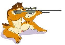 abs aiming anthro balls barrel_(live_a_hero) canid canine canis doodledaeng flaccid genitals gun hi_res humanoid_genitalia humanoid_penis live-a-hero male mammal muscular muscular_anthro muscular_male nude penis ranged_weapon rifle scope simple_background sniper_rifle solo weapon white_background wolf