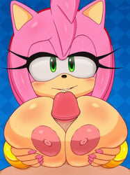 1boy 1girls amy_rose animal_ears anthro areolae big_breasts black_nose blush breasts erection eulipotyphlan excito eyelashes eyes female fur green_eyes half-closed_eyes hedgehog holding_breast huge_breasts human light-skinned_male light_skin looking_at_viewer male mammal nipples nude outercourse paizuri penis pink_fur pov pov_eye_contact pov_male sega sex smile sonic_(series) straight video_games