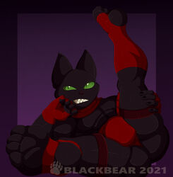 anthro ass black_body black_fur blackbear bulge cartoon_network clothing domestic_cat feet felid feline felis fur green_eyes grin hi_res jockstrap legs_up male male_only mammal mao_mao:_heroes_of_pure_heart muscular muscular_anthro muscular_male red_clothing sheriff_mao_mao_mao smile solo spread_legs spreading underwear