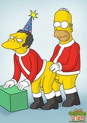 2boys anal_penetration anal_sex balding bottomless cheating_husband erection flaccid_while_penetrated gay grey_hair homer_simpson justcartoondicks.com looking_back male_only moe_szyslak new_year party_hat pleasure_face santa_boots santa_costume standing_doggy_style the_simpsons