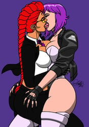 2girls ass_grab black_jacket braided_hair crimson_viper crossover dat_ass eyes_closed female female_only french_kiss french_kissing ghost_in_the_shell goggles kaywest kissing kusanagi_motoko leotard multiple_girls orange-tinted_eyewear purple_hair red_hair street_fighter sunglasses tinted_eyewear tongue_kiss visor yuri