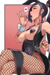 air_fellatio animal_ears armpit bare_shoulders black_heart_pasties black_leotard black_pasties breasts breasts_out bunny_ears choker clothing dragon_quest dragon_quest_xi fake_animal_ears fellatio_gesture fishnet fishnet_legwear fishnet_pantyhose fishnets heart heart_choker heart_pasties horny jade_(dq11) leotard medium_breasts misonou_hirokichi nail_polish nails nipple_pasties no_bra open_mouth pasties pink_choker ponytail shiny_skin sitting sweat sweatdrop tongue_out